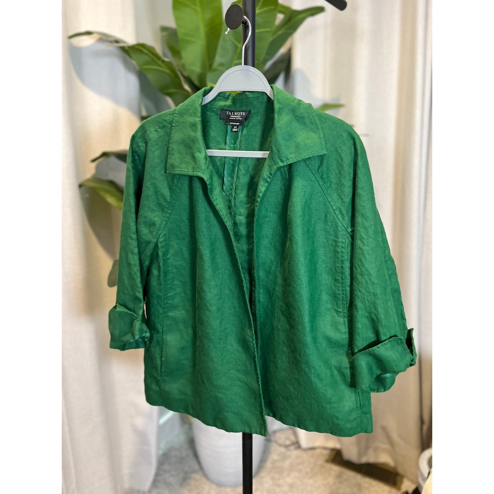 Talbots Pure Irish Linen Open Front Jacket Emerald Green Woman Petites 2X